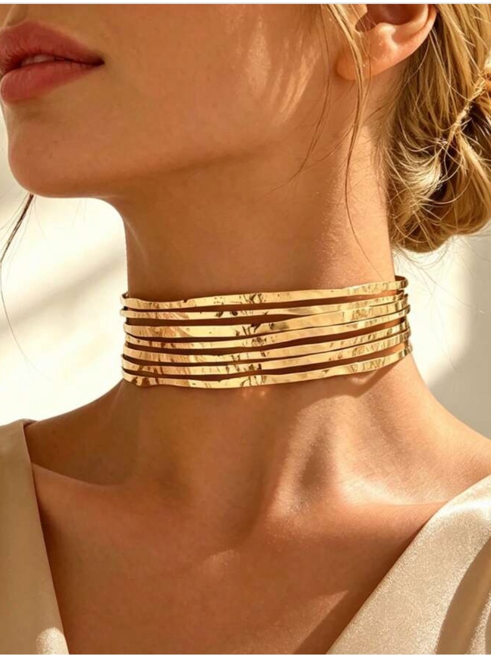 Gold Multi-Band Hammered Choker Necklace - Women Jewelry
